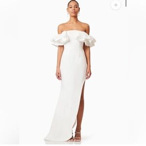 elliatt geranium white asymmetrical off the shoulder ruffle sleeve gown dress